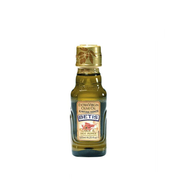 Caja de 24 botellas vidrio de 125 ml de aceite de oliva virgen extra BETIS y aromas natural de ajo y guindilla