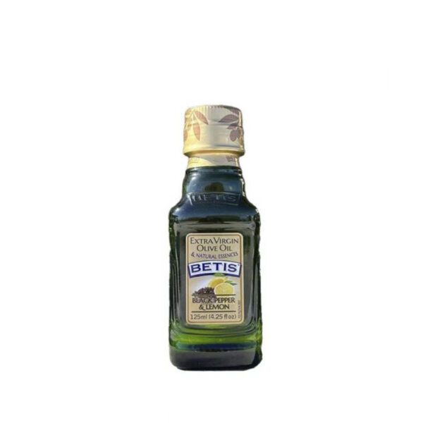 Caja de 24 botellas vidrio de 125 ml de aceite de oliva virgen extra BETIS y aromas natural de pimienta negra y limón