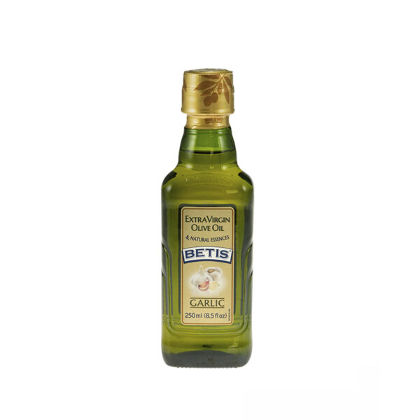 <b>Caja de 24 botellas vidrio de 250 ml </b> de aceite de Oliva Virgen Extra BETIS y aromas natural de ajo